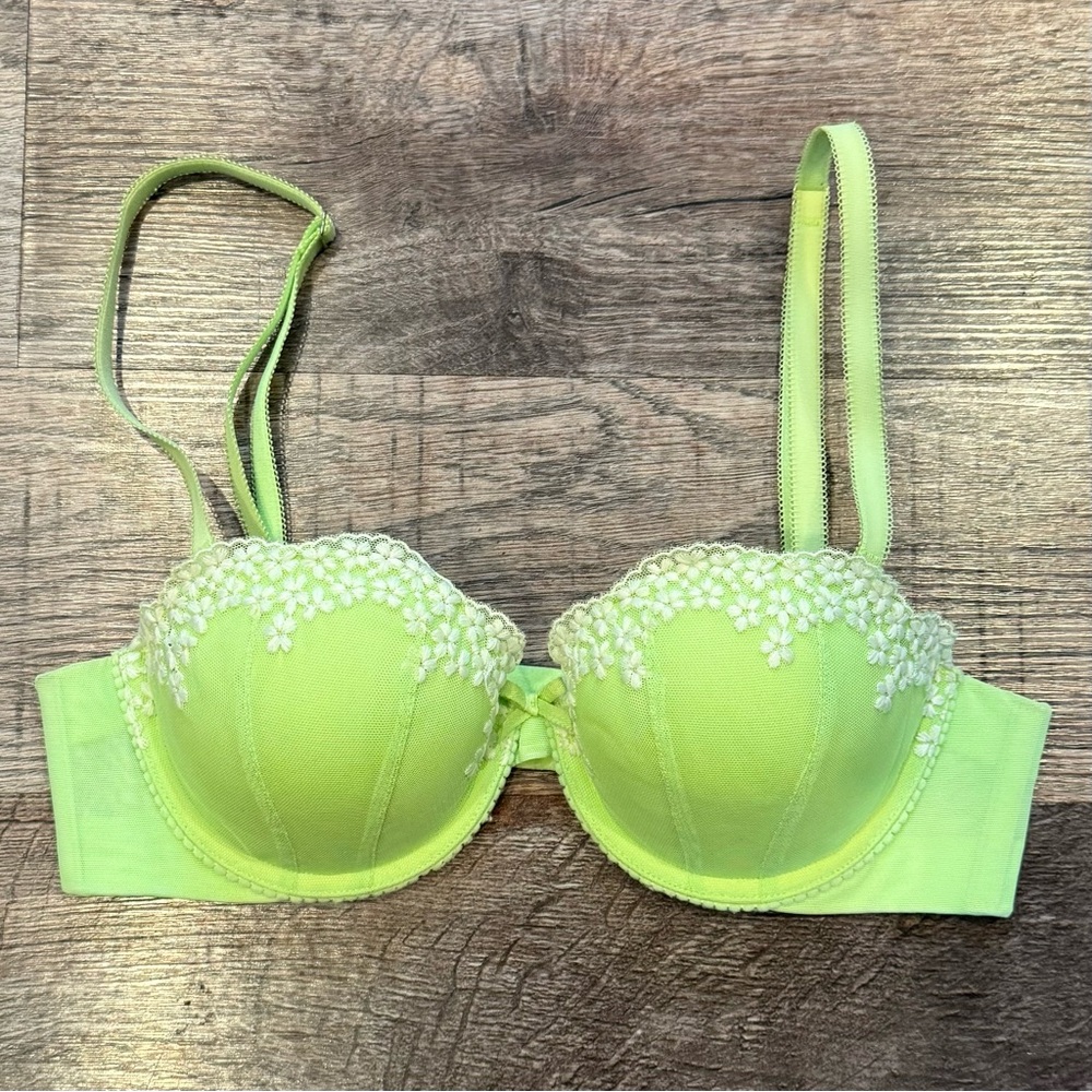 Aerie Lime Green Floral Crochet Lace Mia Bra 34 B Push Up Multi Way Excellent